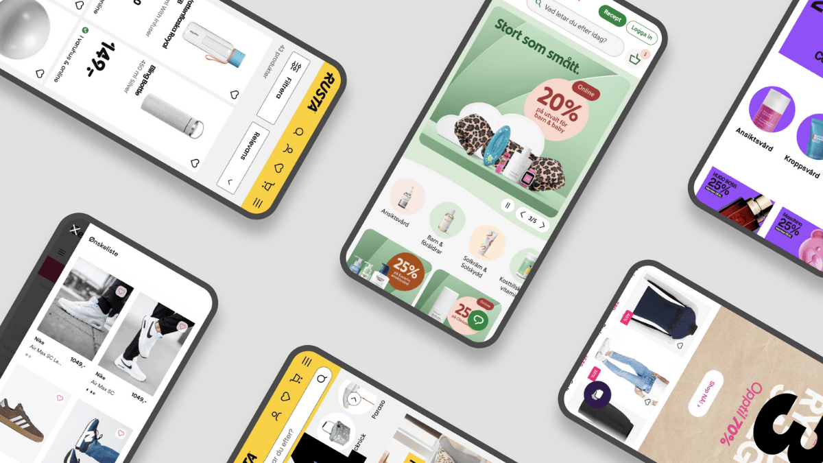 Six mobile phones showing the website of various of Avensia's customer's website
