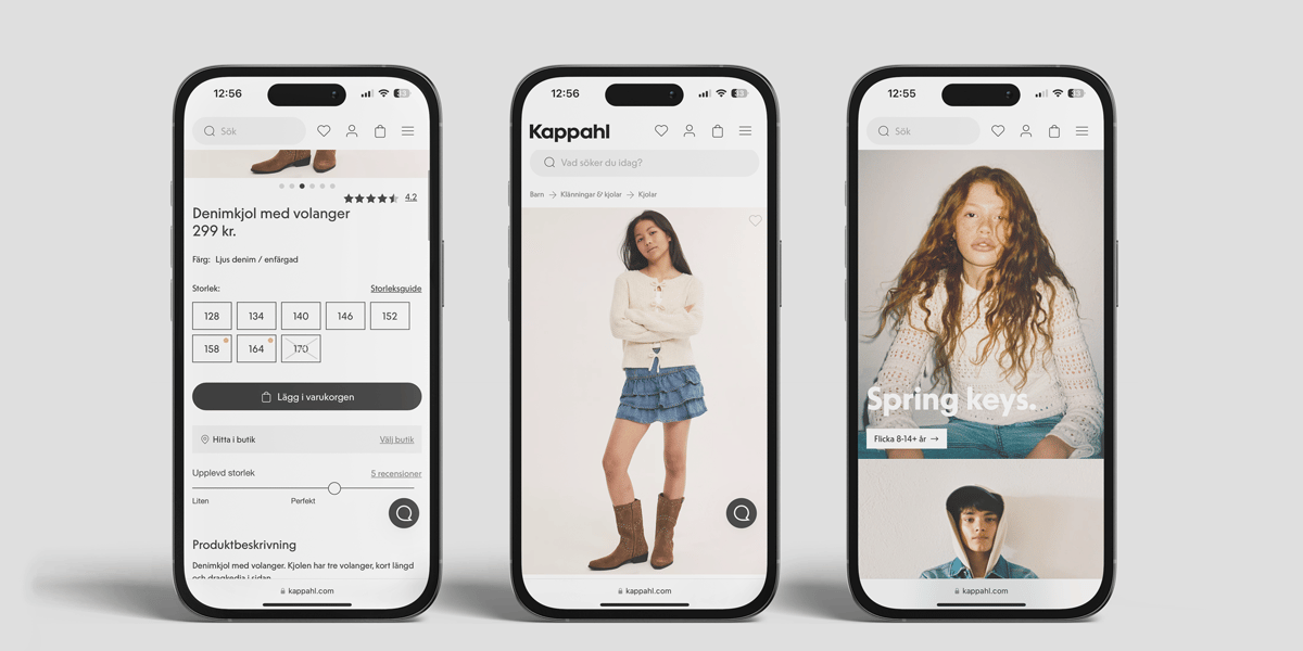 Three mobiles standing, showing Kappahl's app